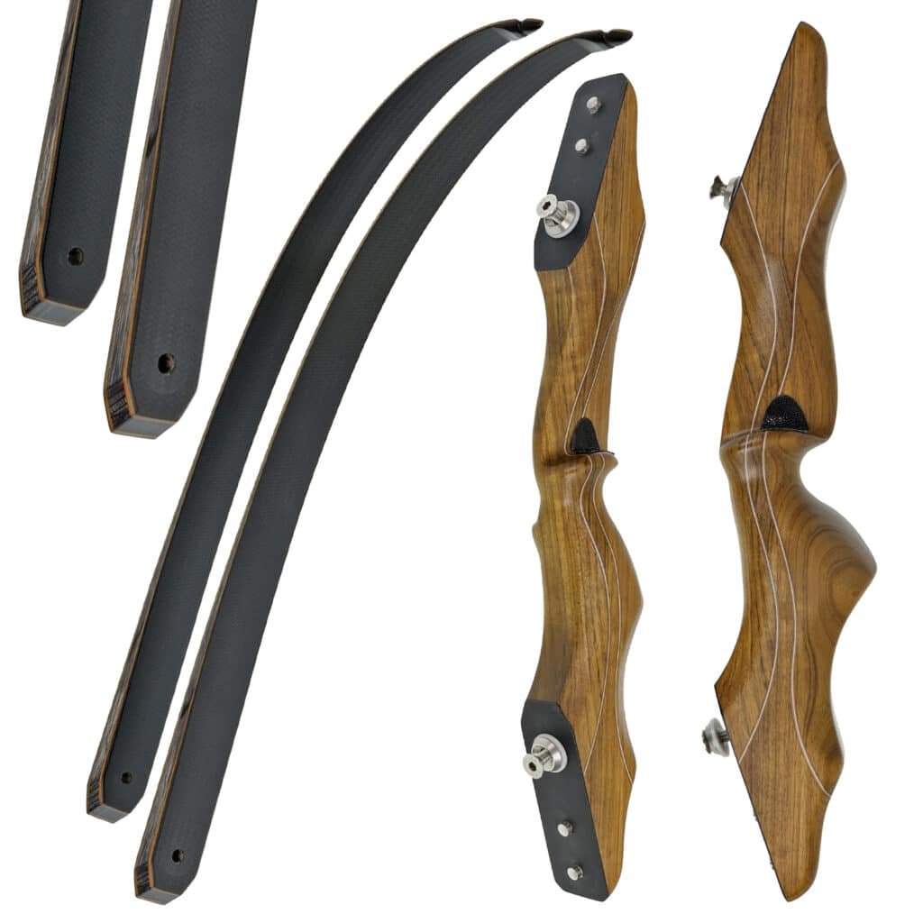 Zwei hölzerne Bald Eagle Amazoque Tragegurte und zwei schwarze Takedown-Recurve-Bogenglieder werden getrennt gezeigt, wobei ihre Designdetails und Verbindungspunkte auf einem weißen Hintergrund hervorgehoben werden.