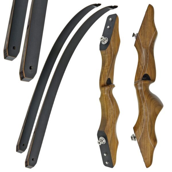 Zwei hölzerne Bald Eagle Amazoque Tragegurte und zwei schwarze Takedown-Recurve-Bogenglieder werden getrennt gezeigt, wobei ihre Designdetails und Verbindungspunkte auf einem weißen Hintergrund hervorgehoben werden.