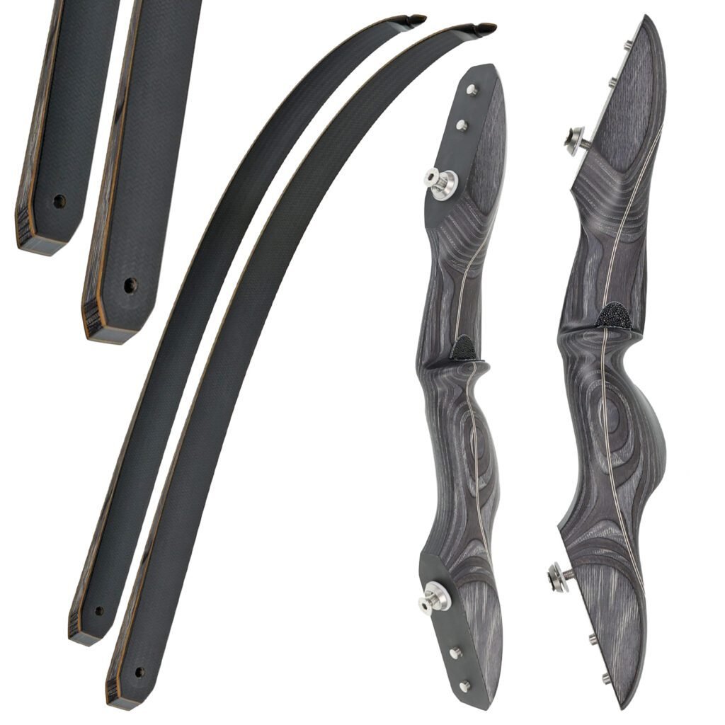 Zwei Merlin Black Recurve-Bogenrohre aus grauem Falkenholz und zwei schwarze gebogene Wurfarme werden zerlegt auf weißem Hintergrund gezeigt, um die Holzmaserung und die Befestigungselemente hervorzuheben.