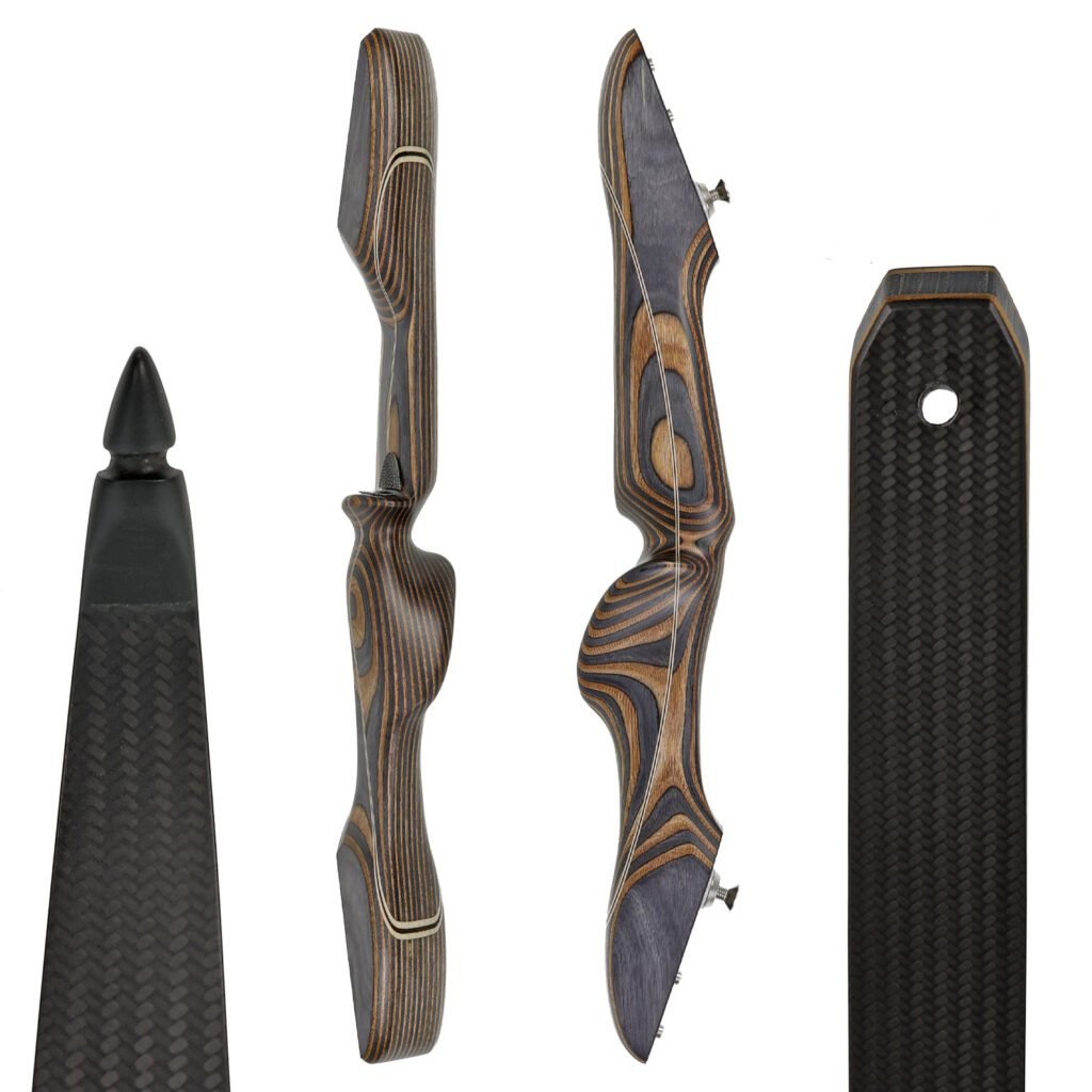 Vier Teile eines Merlin Brown Takedown-Recurve-Bogens: zwei Ansichten eines Falkenholz-Tragegurts mit schichtweiser Maserung, sowie zwei schwarze Kohlefaser-Wurfarme - einer mit der Spitze, der andere mit dem Wurfarm-Bolzenloch.