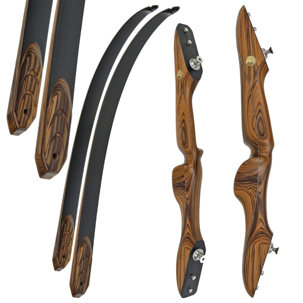 Ein Merlin Palisander Takedown Recurve-Bogen mit Holzmaserung und schwarzen Wurfarmen wird aus mehreren Blickwinkeln gezeigt. Er wurde zerlegt, um die einzelnen Wurfarme und den Riser deutlich zu zeigen.