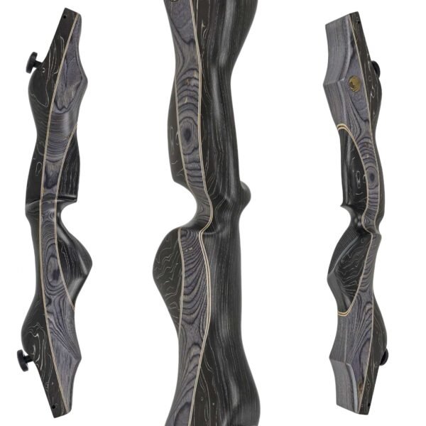 Drei Ansichten des schwarz-grauen Khol-Recurve-Bogenträgers aus Holz mit ergonomischen Kurven und Holzmaserungen werden von vorne, links und rechts vor einem weißen Hintergrund gezeigt.