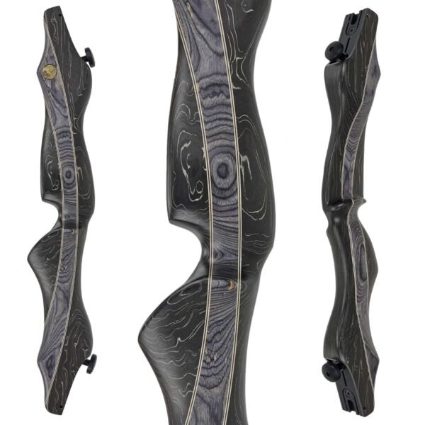 Drei Ansichten des Khol-Recurve-Bogenträgers aus dunklem Holz mit glattem, konturiertem Griff und sichtbarer heller Maserung, dargestellt aus der Vorder-, Seiten- und Schrägperspektive auf weißem Hintergrund.