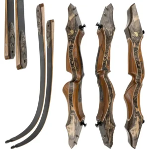 Das Colima-Set besteht aus vier hölzernen Recurve-Bogen-Tragegurten und zwei Paaren von gebogenen Wurfarmen mit dunklen und hellen Holzmustern, die vor einem weißen Hintergrund dargestellt werden.