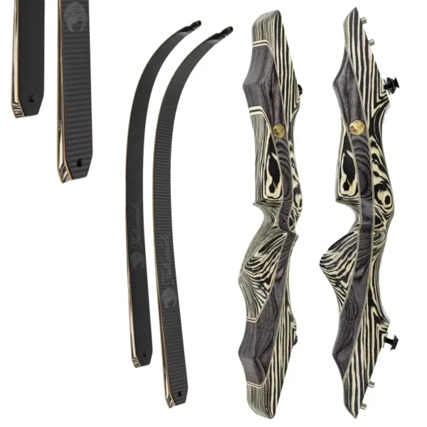 Zwei Morgan (Kopie) Recurve-Bogen-Tragegurte in Schwarz und Weiß mit Holzmaserung sowie zwei passende Wurfarme sind separat auf weißem Hintergrund abgebildet, um ihr Design und ihre Komponenten zu zeigen.