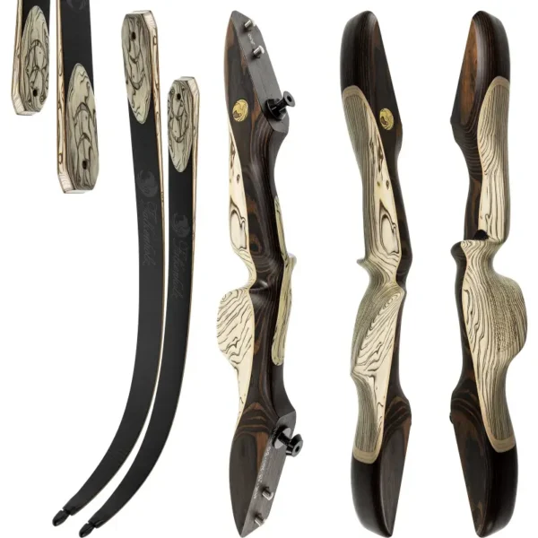 Fünf Ansichten des Recurve-Bogens Nuria (Kopie) mit dunklem Holz und hellem, strukturiertem Griff, der sich durch elegante Kurven und eine ausgeprägte Holzmaserung an Wurfarm und Griff auszeichnet.