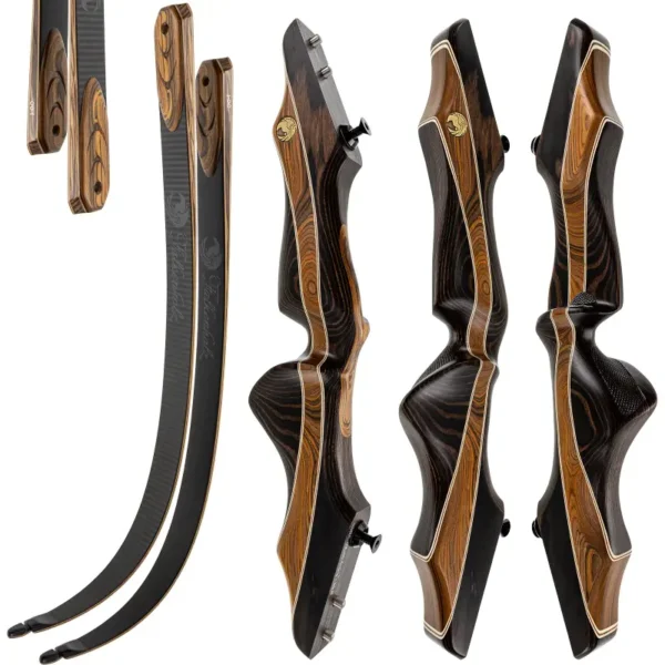 Fünf Ansichten des Nuria Takedown-Recurve-Bogens mit hölzernen und schwarz laminierten Wurfarmen und Tragegurt, mit Detailaufnahmen des Griffs, der Wurfarmbefestigung und der Wölbung aus verschiedenen Blickwinkeln.