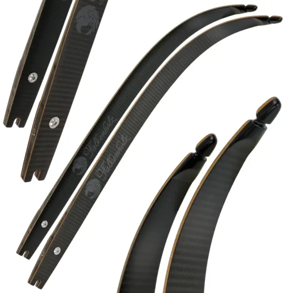 Nahaufnahme von vier schwarzen ILF Wurfareme Recurve-Bogengliedern mit Holzakzenten und Nocken, jedes mit dem Dragonbow-Logo. Die Wurfarme sind aus verschiedenen Blickwinkeln auf weißem Hintergrund dargestellt.