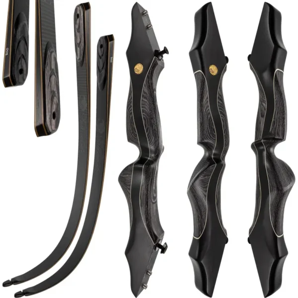 Drei Stone schwarz und Holzmaserung Takedown Recurve-Bogen Tragegurte sind aus verschiedenen Blickwinkeln dargestellt, mit zwei passenden gebogenen Bogen Gliedmaßen, die alle vor einem weißen Hintergrund gesetzt.