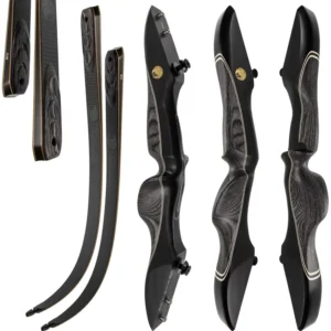 Der Fire (Kopie) Takedown-Recurve-Bogen mit schwarzem und holzgemasertem Riser, strukturiertem Griff und separaten, gebogenen Wurfarmen zeigt hochwertige Handwerkskunst und ist bereit, Ihre Reise zum Bogenschießen zu inspirieren.