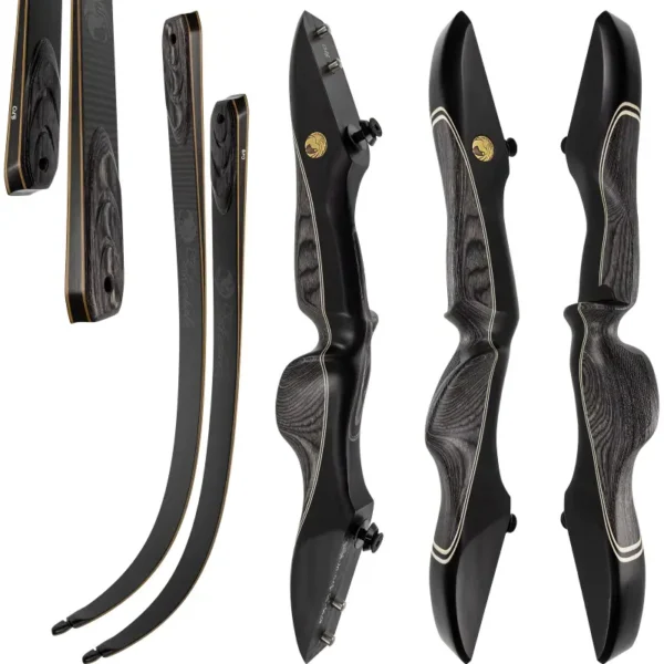 Der Fire (Kopie) Takedown-Recurve-Bogen mit schwarzem und holzgemasertem Riser, strukturiertem Griff und separaten, gebogenen Wurfarmen zeigt hochwertige Handwerkskunst und ist bereit, Ihre Reise zum Bogenschießen zu inspirieren.