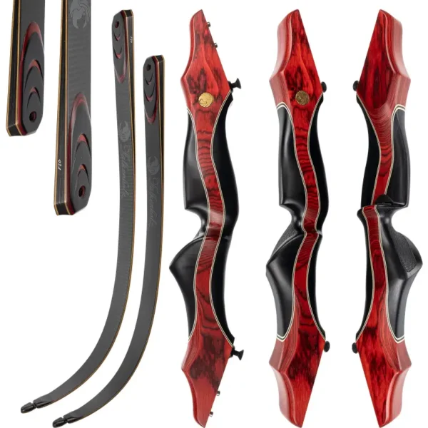 Es werden fünf Exemplare des Toro (Kopie) Takedown-Recurve-Bogens mit zwei roten und schwarzen ergonomischen Holztragegurten und drei schwarzen Wurfarmen gezeigt, die aus verschiedenen Blickwinkeln betrachtet werden, um die Designdetails zu verdeutlichen.